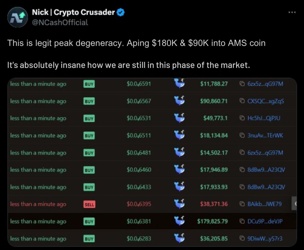 Buyers are throwing serious capital at memecoins on Solana. Source: @NCashOfficial on X